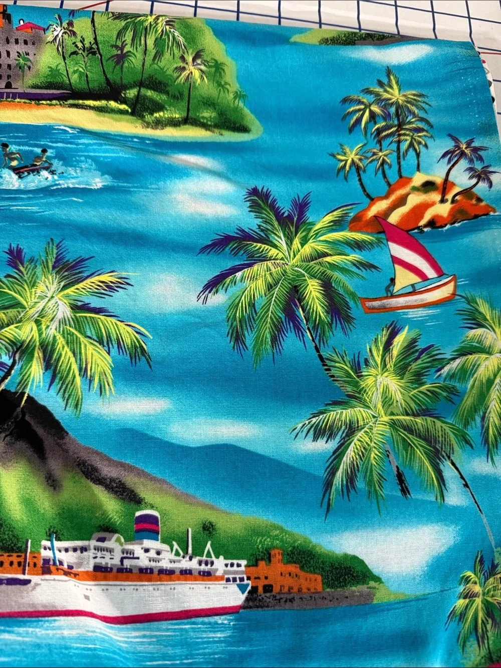 Vintage Tropical Island Scenic Fabric 1¾ Yards Palm Trees Sailboats Caribbean